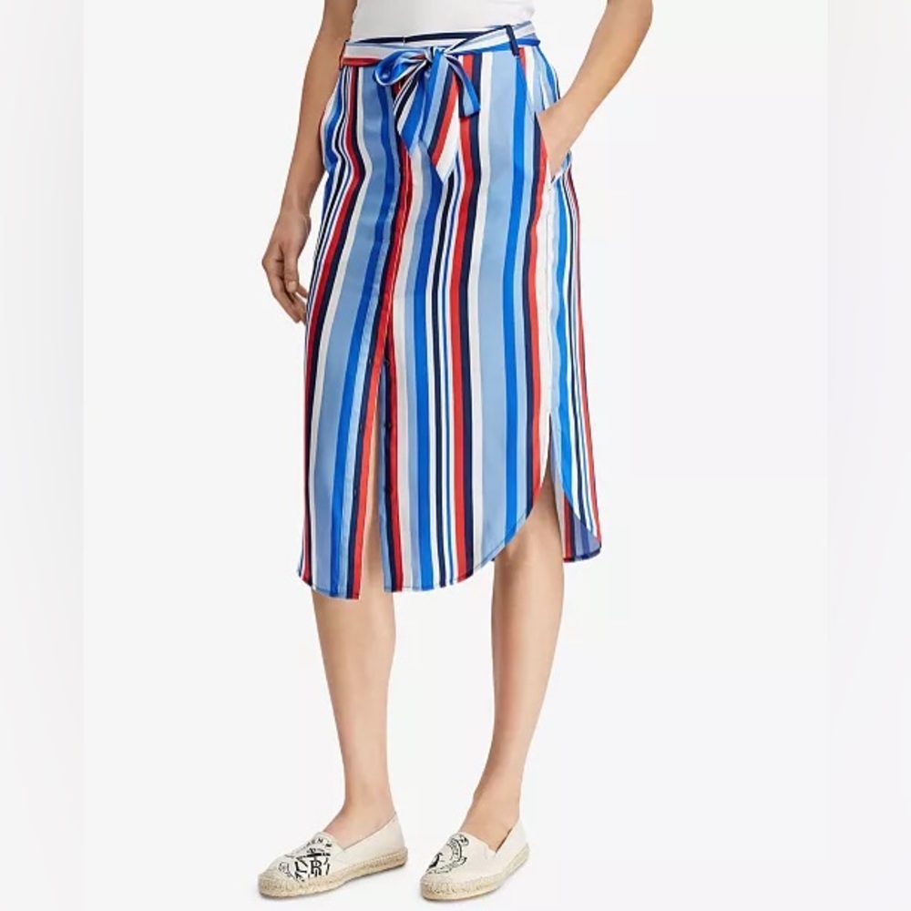 NWT Ralph Lauren Satin Striped Knee Length Belted Skirt Size 4 Blue, Red & White